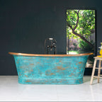 “SanSiro Cognac59VG Soaking Tub” 59" Freestanding French Bateau Pure Copper Bathtub with “Aged Verdigris” Exterior