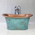 “SanSiro Cognac59VG Soaking Tub” 59" Freestanding French Bateau Pure Copper Bathtub with “Aged Verdigris” Exterior
