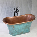“SanSiro Cognac59VG Soaking Tub” 59" Freestanding French Bateau Pure Copper Bathtub with “Aged Verdigris” Exterior