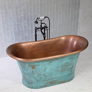 “SanSiro Cognac59VG Soaking Tub” 59" Freestanding French Bateau Pure Copper Bathtub with “Aged Verdigris” Exterior