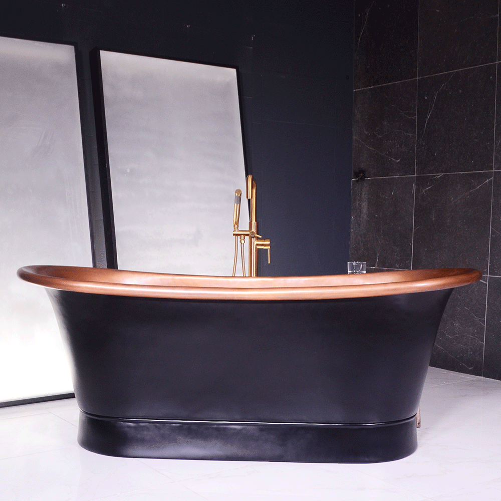 “SanSiro Cognac59BK Soaking Tub” 59" Freestanding French Bateau Pure Copper Bathtub with “Eggshell Black” Exterior