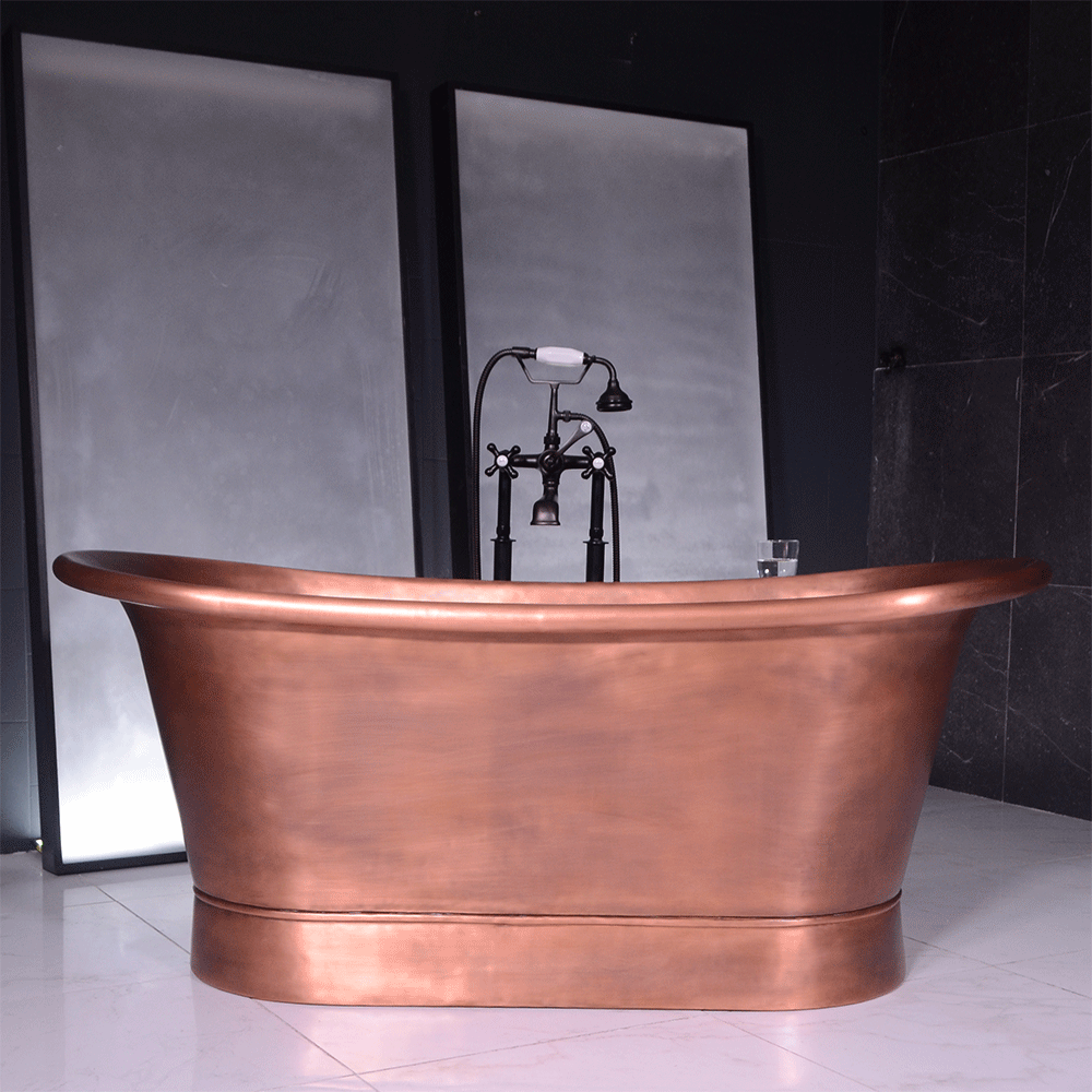 “SanSiro Cognac59LA” 59" “Warmed Air Jetted” Freestanding French Bateau Pure Copper Bathtub with Light Aged Exterior