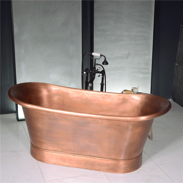 “SanSiro Cognac59LA Soaking Tub” 59" Freestanding French Bateau Pure Copper Bathtub with “Light Aged” Exterior