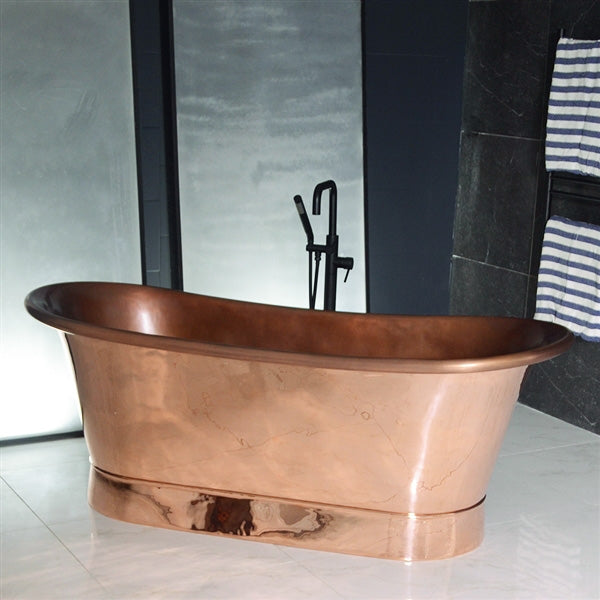 “SanSiro Cognac59PC” 59" “Warmed Air Jetted” Freestanding French Bateau Pure Copper Bathtub with Mirror Polished Exterior