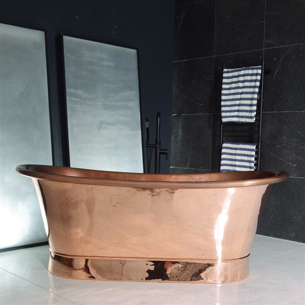 “SanSiro Cognac59PC” 59" “Warmed Air Jetted” Freestanding French Bateau Pure Copper Bathtub with Mirror Polished Exterior