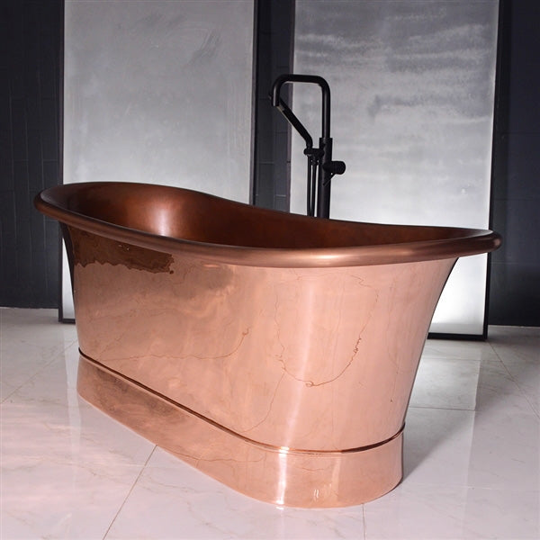“SanSiro Cognac59PC” 59" “Warmed Air Jetted” Freestanding French Bateau Pure Copper Bathtub with Mirror Polished Exterior