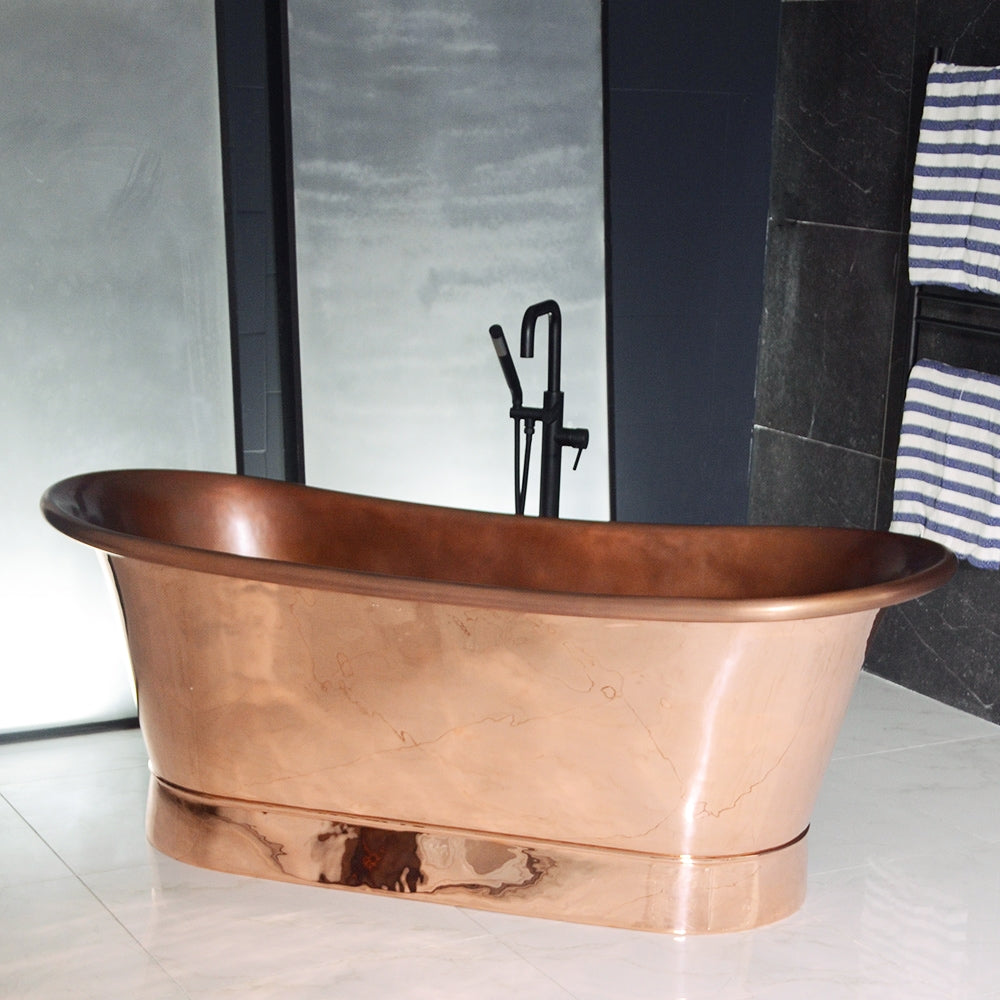 “SanSiro Cognac59PC Soaking Tub” 59" Freestanding French Bateau Pure Copper Bathtub with “Mirror Polished” Exterior