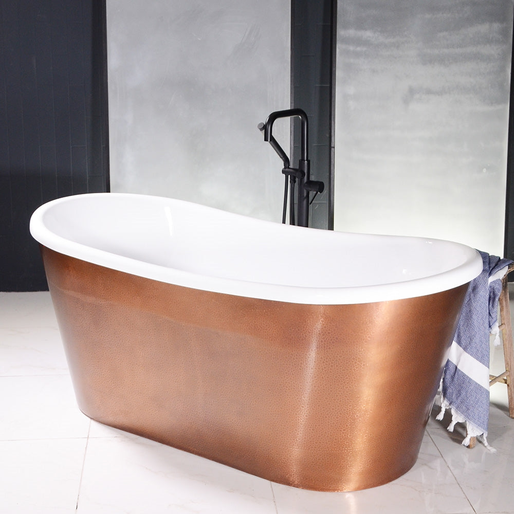 “SanSiro Toulon59HAAir” 59" x 31.5" “Warmed Air Jetted” French Bateau Tub Hammered Light Aged Solid Copper Exterior