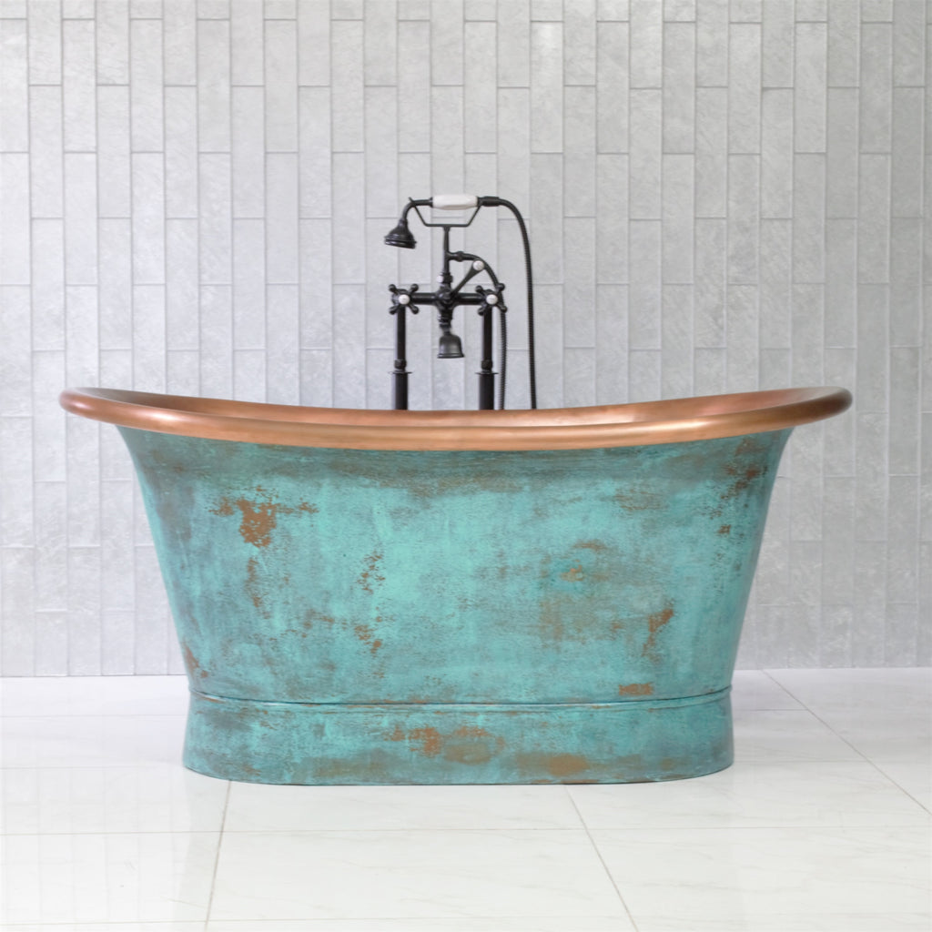 “SanSiro Cognac67VG” 67" “Warmed Air Jetted” French Bateau Pure Copper Bathtub with Aged Verdigris Exterior