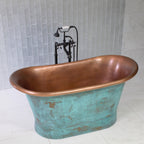 “SanSiro Cognac67VG” 67" “Warmed Air Jetted” French Bateau Pure Copper Bathtub with Aged Verdigris Exterior