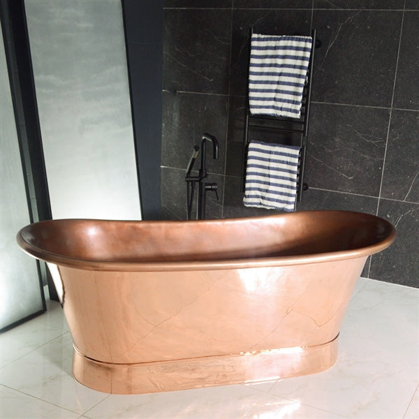 “SanSiro Cognac67PC” 67" “Warmed Air Jetted” Freestanding French Bateau Pure Copper Bathtub with Mirror Polished Exterior