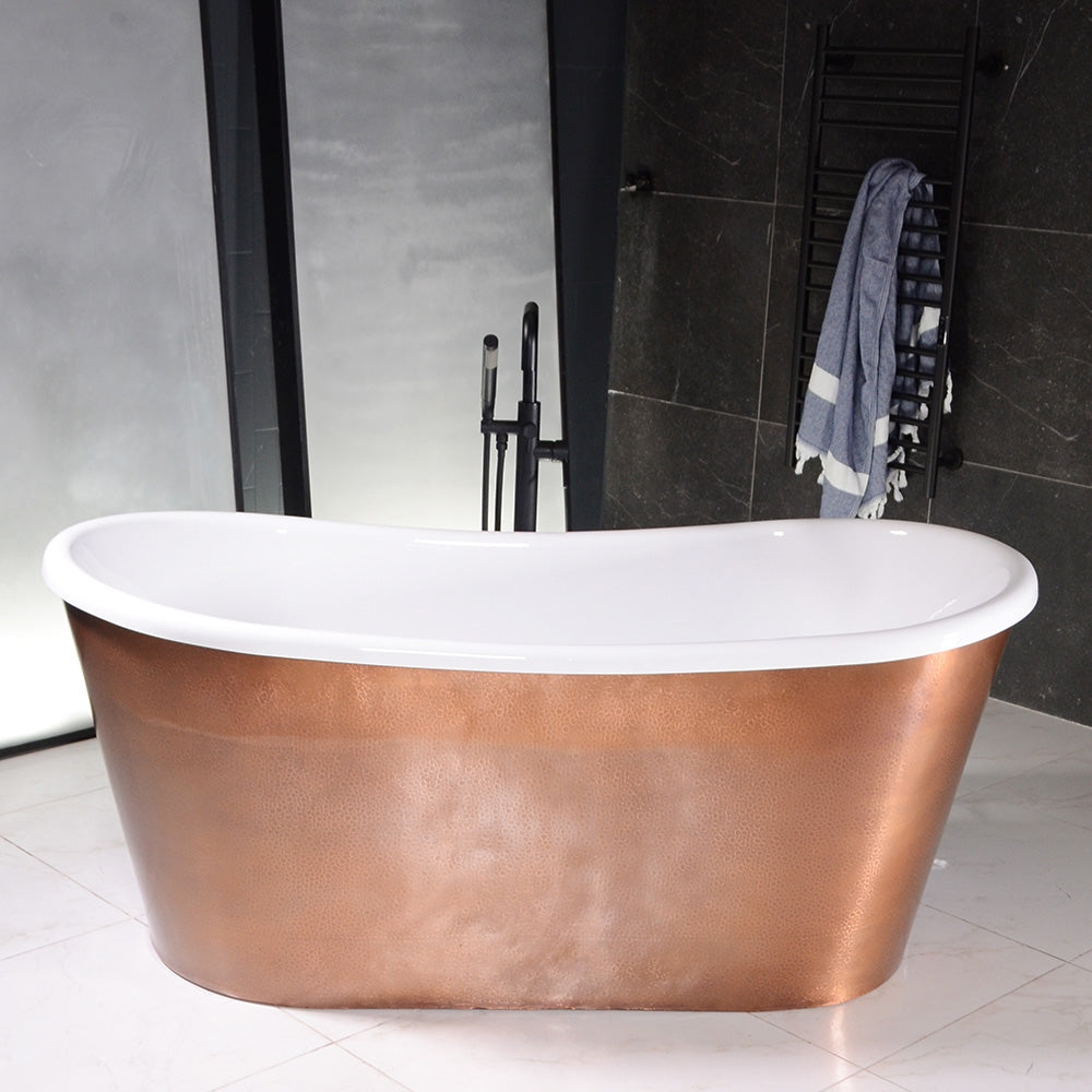 “SanSiroToulon67HAAir” 67" x 31.5" “Warmed Air Jetted” French Bateau Tub Hammered Light Aged Solid Copper Exterior