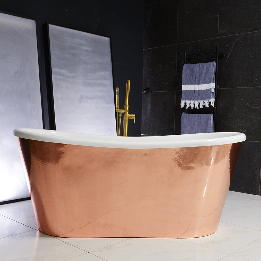 “SanSiro Toulon67HPCSoak” 67" x 31.5" French Bateau Tub “Hammered Polished” Solid Copper Exterior