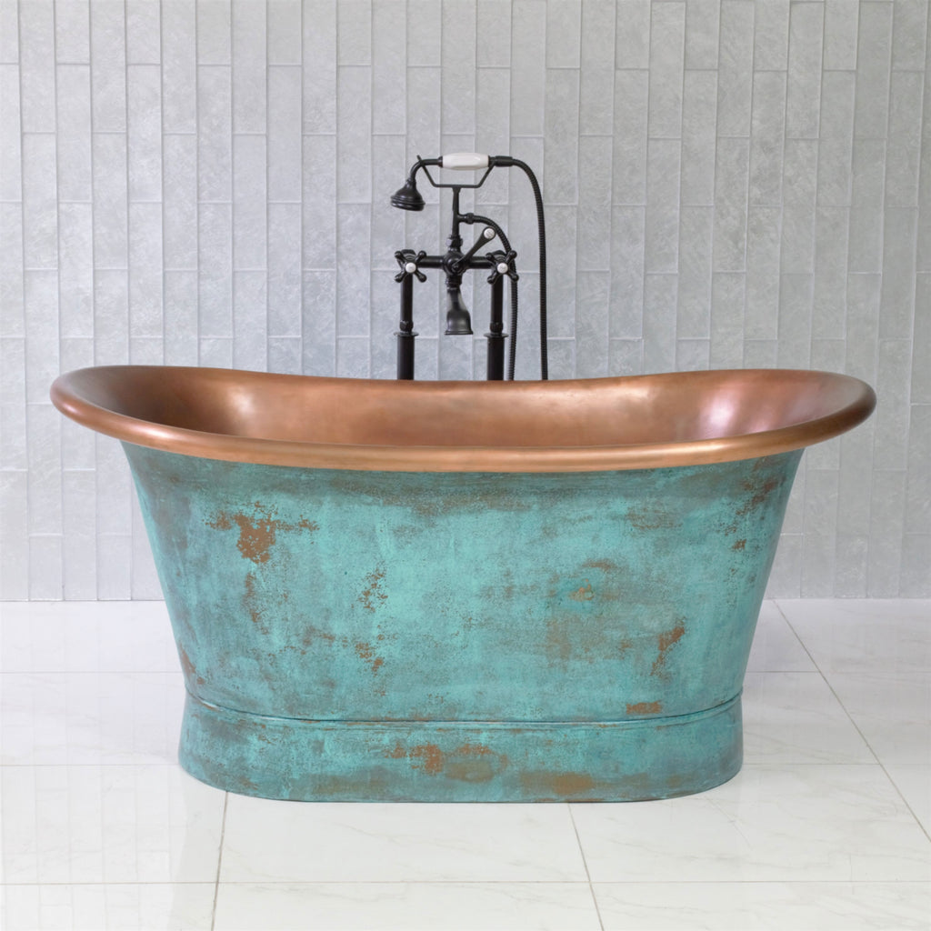 “SanSiro Cognac73VG” 73" “Warmed Air Jetted” French Bateau Pure Copper Bathtub with Aged Verdigris Exterior