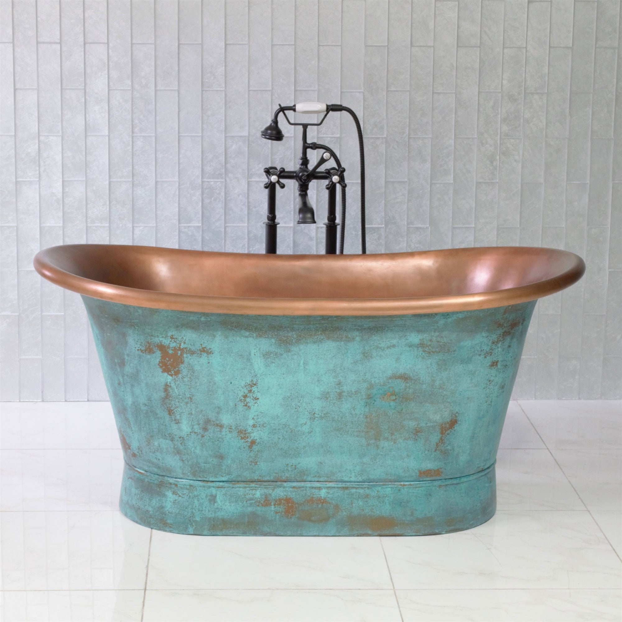 “SanSiro Cognac73VG Soaking Tub” 73" Freestanding French Bateau Pure Copper Bathtub with “Aged Verdigris” Exterior