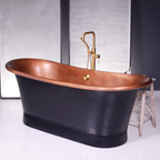 “SanSiro Cognac73BK” 73" “Warmed Air Jetted” Freestanding French Bateau Pure Copper Bathtub with Eggshell Black Exterior