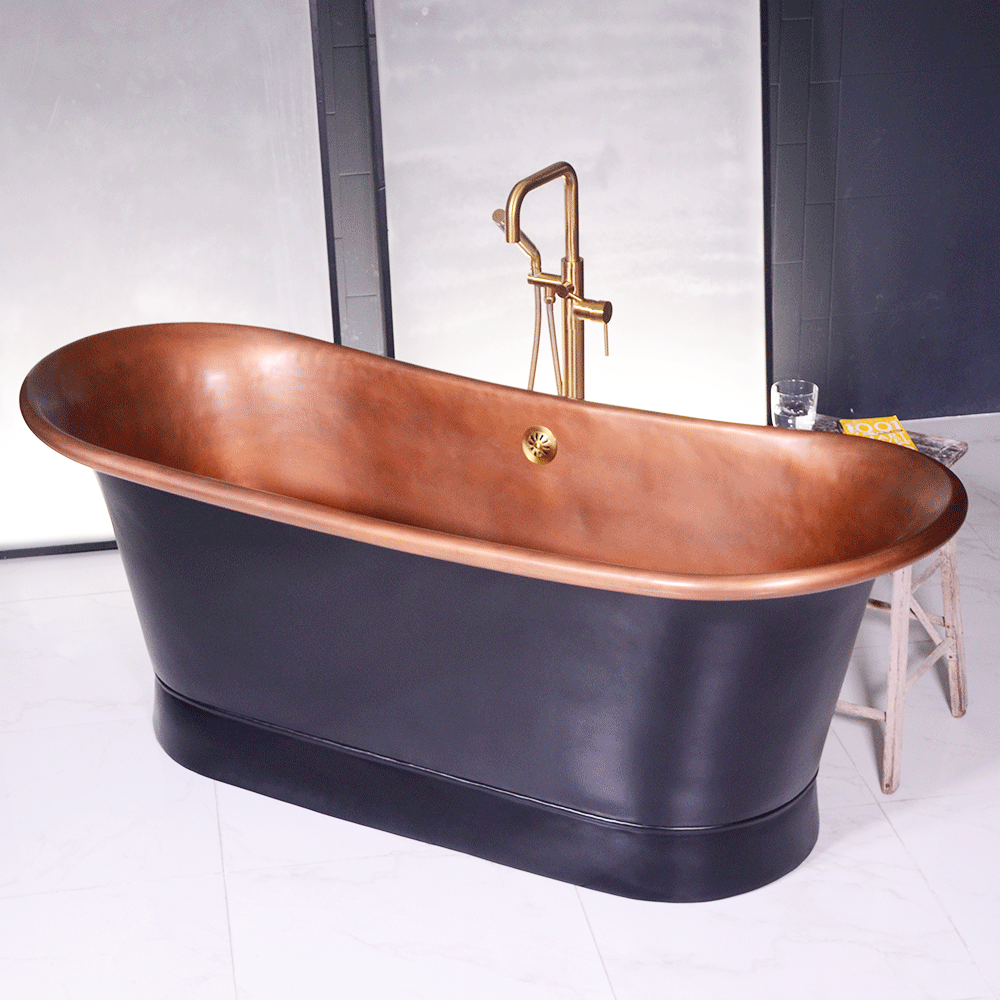 “SanSiro Cognac73BK” 73" “Warmed Air Jetted” Freestanding French Bateau Pure Copper Bathtub with Eggshell Black Exterior