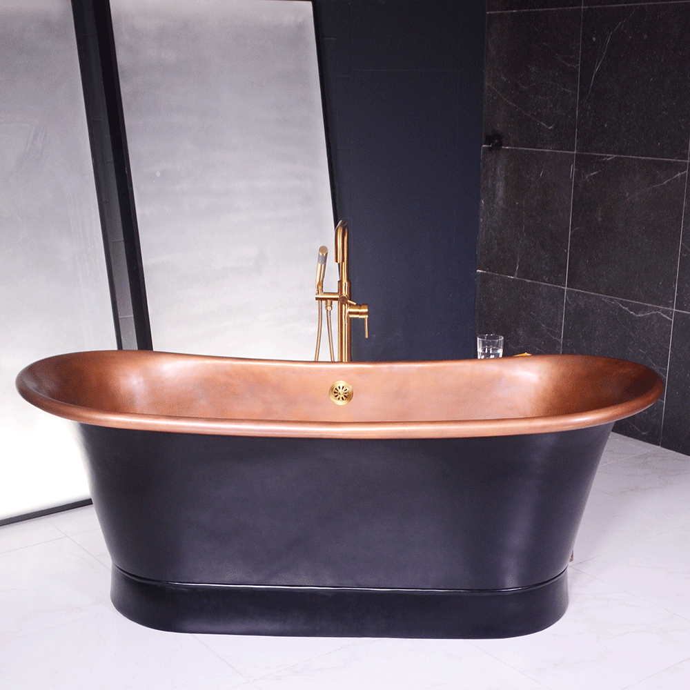 “SanSiro Cognac73BK Soaking Tub” 73" Freestanding French Bateau Pure Copper Bathtub with “Eggshell Black” Exterior