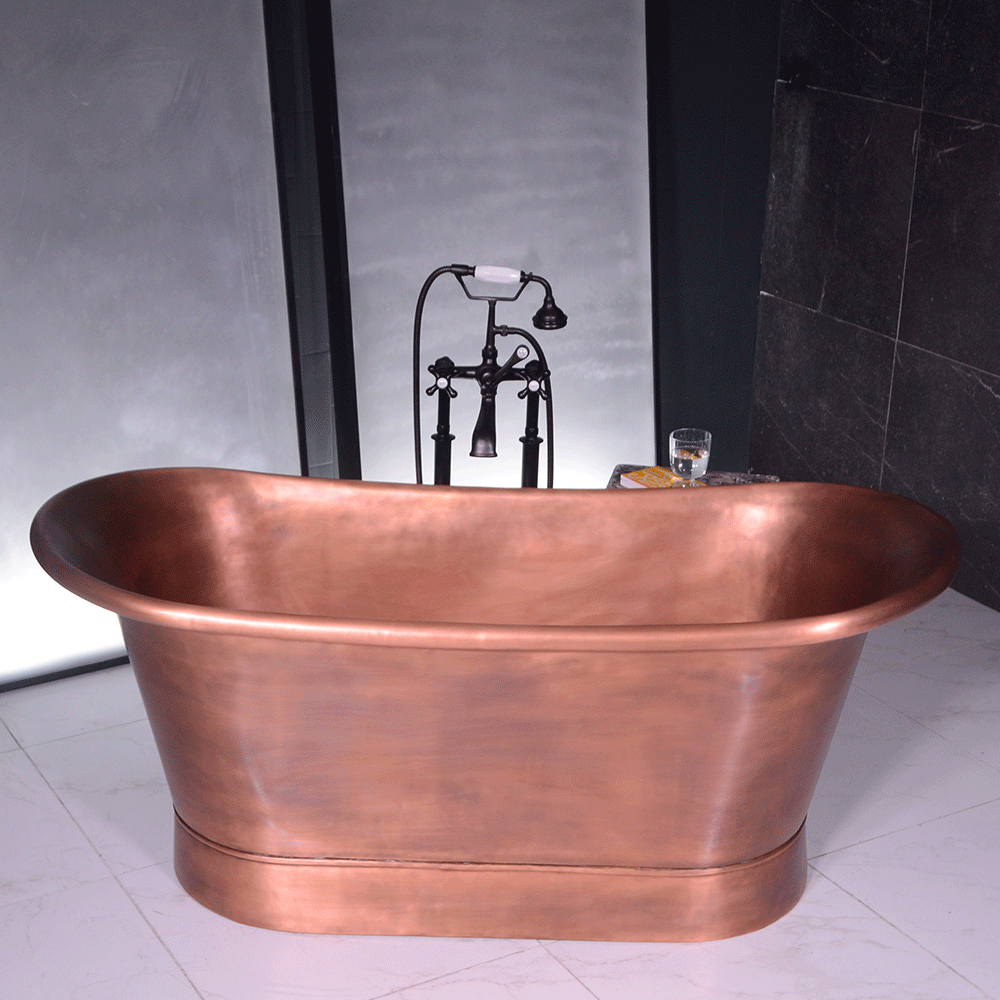 “SanSiro Cognac73LA” 73" “Warmed Air Jetted” Freestanding French Bateau Pure Copper Bathtub with Light Aged Exterior