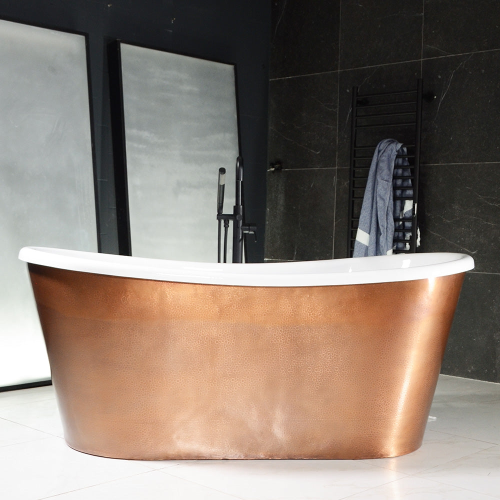 “SanSiro Toulon73HAAir” 73" x 31.5" “Warmed Air Jetted” French Bateau Tub Hammered Light Aged Solid Copper Exterior