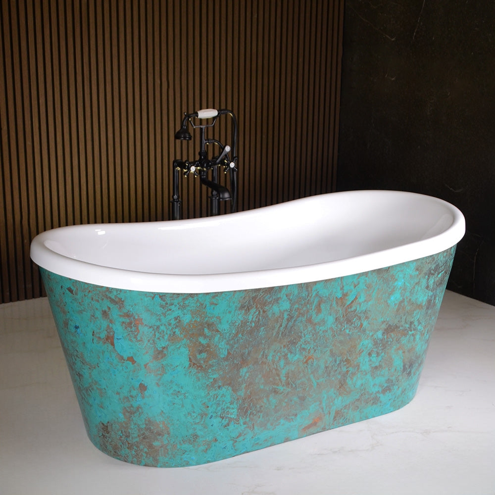 “SanSiro Toulon73VGAir” 73" x 31.5" “Warmed Air Jetted” French Bateau Tub with Verdi Gris Aged Solid Copper Exterior