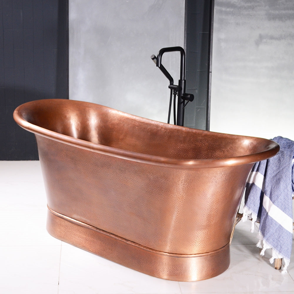 “SanSiro Colmar73HLAAir” 73" Variable Speed Air Jetted Hammered Lightly Aged Copper French Bateau Bathtub with Ozone Sanitizing