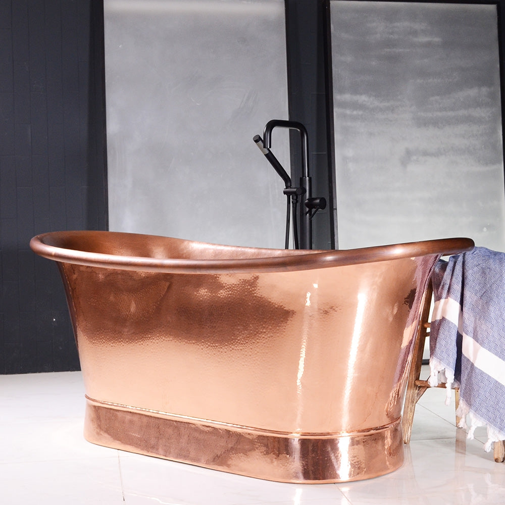 “SanSiro Colmar73HPCAir” 73" Variable Speed Air Jetted Hammered Copper French Bateau Bathtub with Ozone Sanitizing