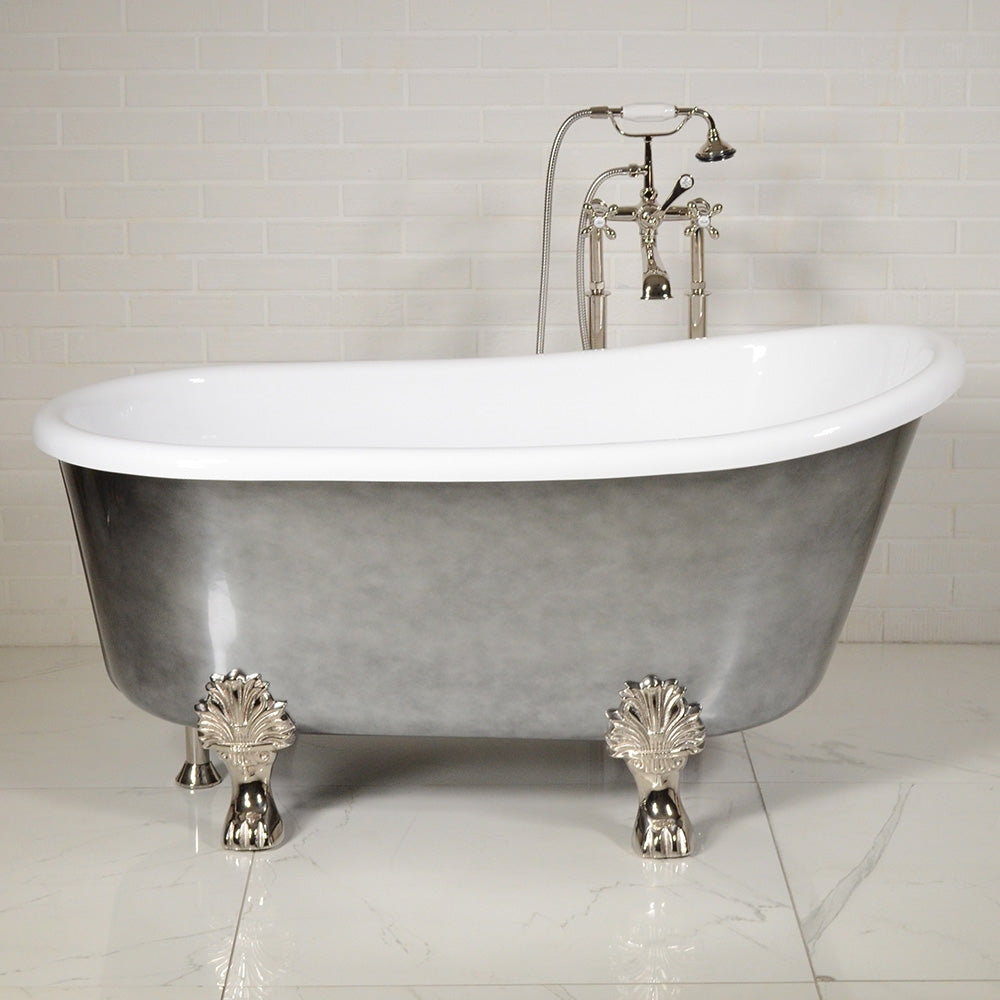 “LuxWide Calypso Athena-ACHCL58” 58 Inch White CoreAcryl Acrylic Swedish Slipper Clawfoot Tub “Aged Chrome” Exterior