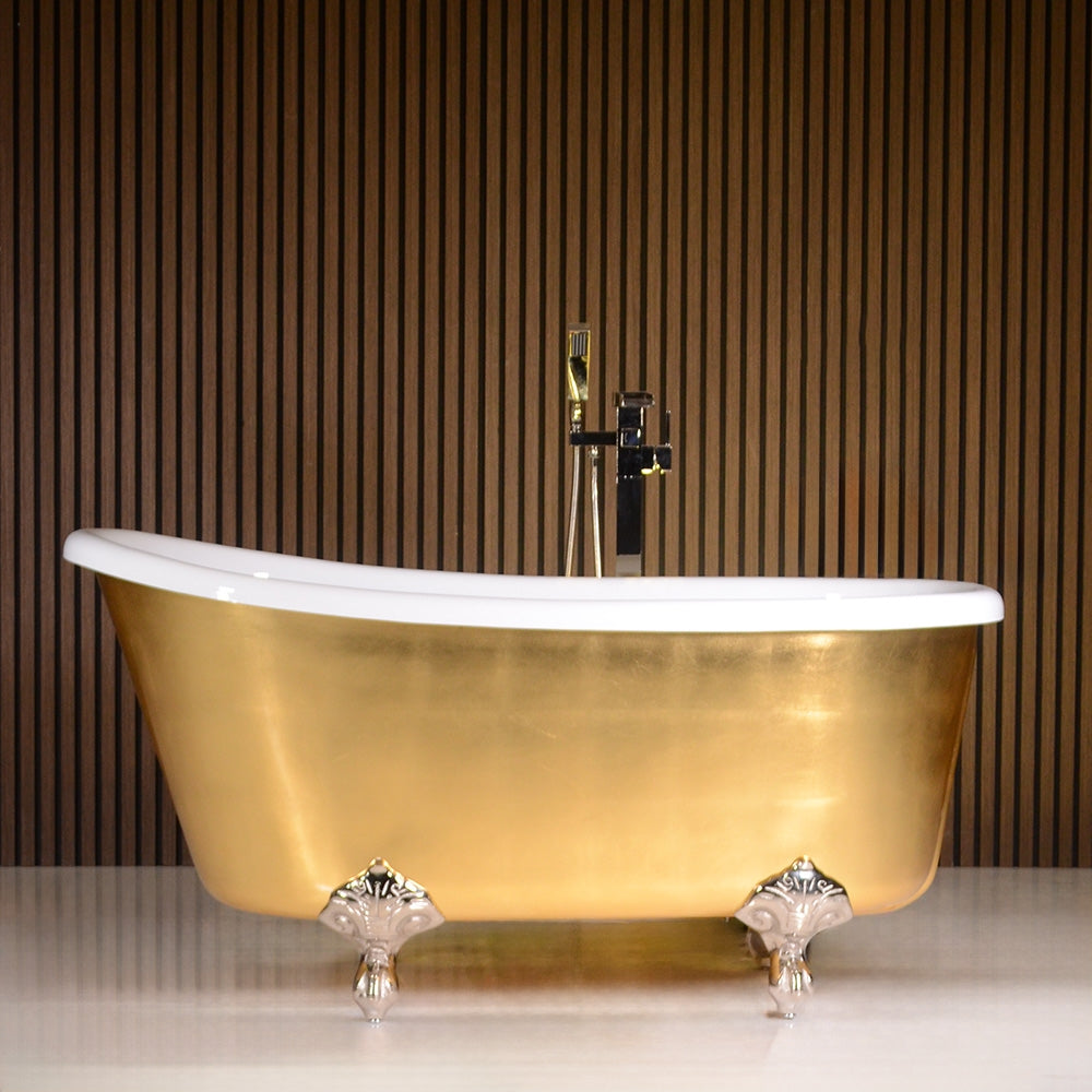 “LuxWide Calypso Athena-UGLCL58” 58 Inch White CoreAcryl Acrylic Swedish Slipper Clawfoot Tub “Umber Washed Gold Leaf” Exterior