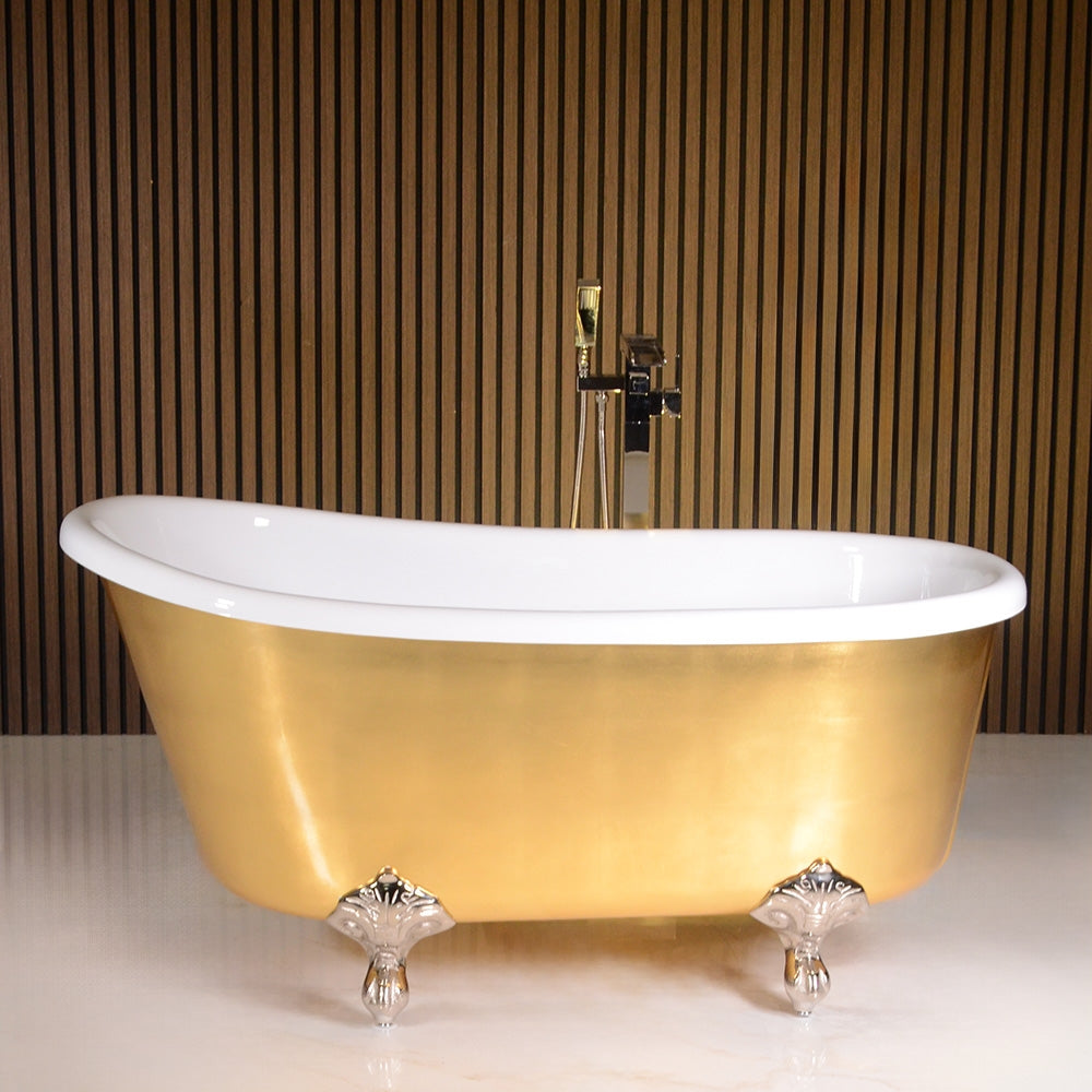 “LuxWide Calypso Athena-UGLCL58” 58 Inch White CoreAcryl Acrylic Swedish Slipper Clawfoot Tub “Umber Washed Gold Leaf” Exterior