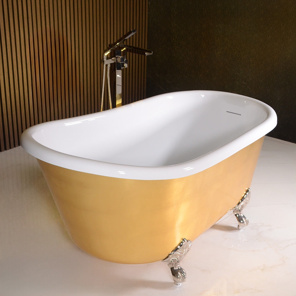 “LuxWide Calypso Athena-UGLCL58” 58 Inch White CoreAcryl Acrylic Swedish Slipper Clawfoot Tub “Umber Washed Gold Leaf” Exterior