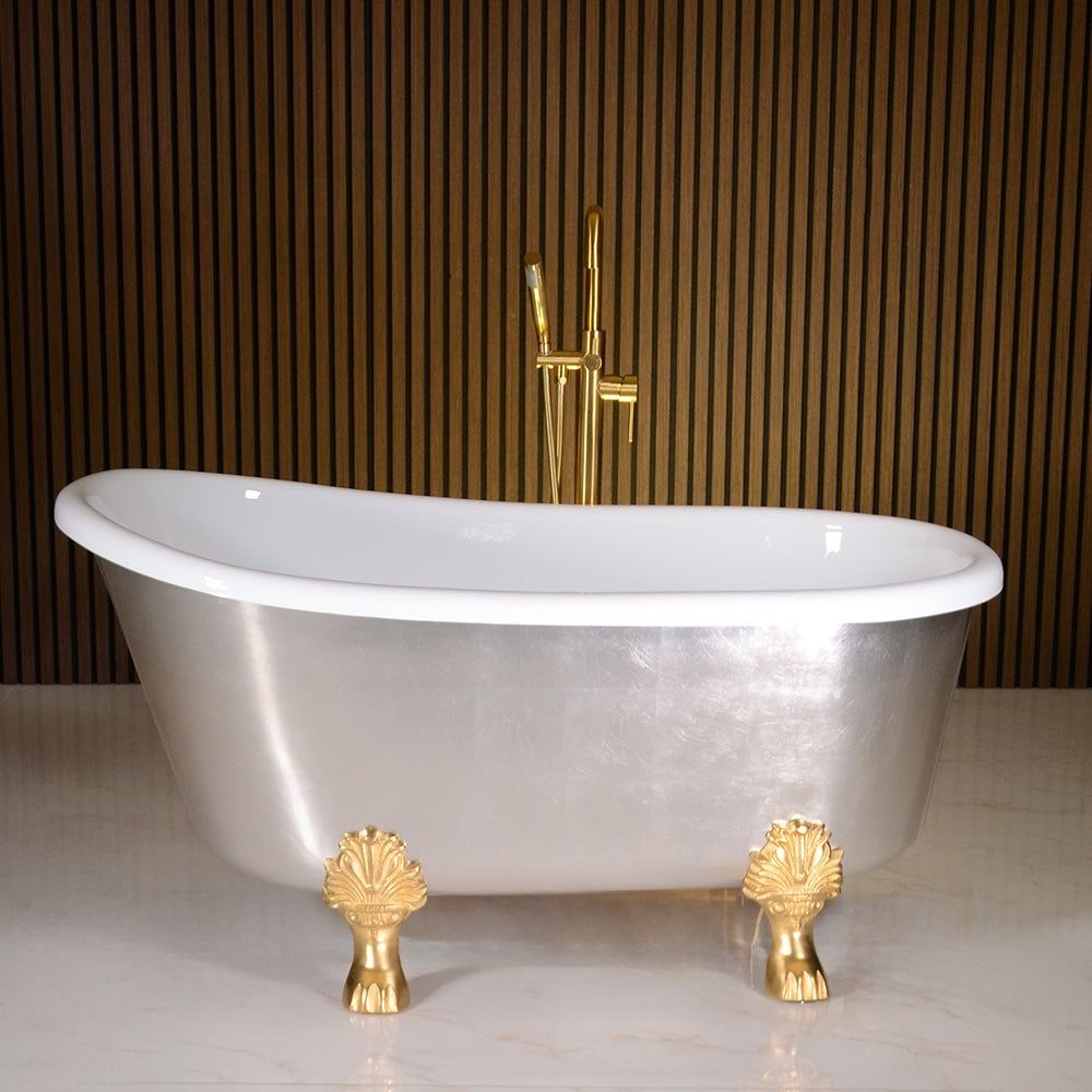 “LuxWide Calypso Athena-USLCL54” 54 Inch White CoreAcryl Acrylic Swedish Slipper Clawfoot Tub “Umber Washed Silver Leaf” Exterior