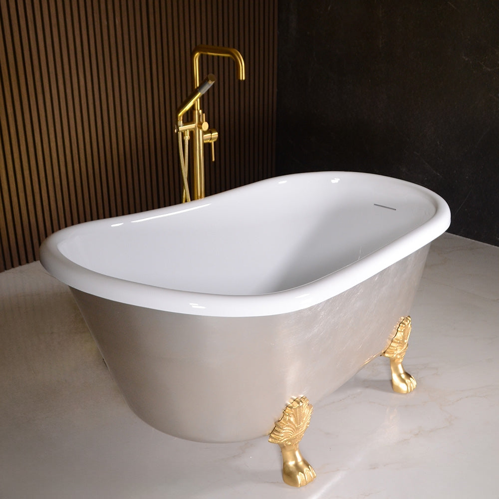 “LuxWide Calypso Athena-USLCL54” 54 Inch White CoreAcryl Acrylic Swedish Slipper Clawfoot Tub “Umber Washed Silver Leaf” Exterior