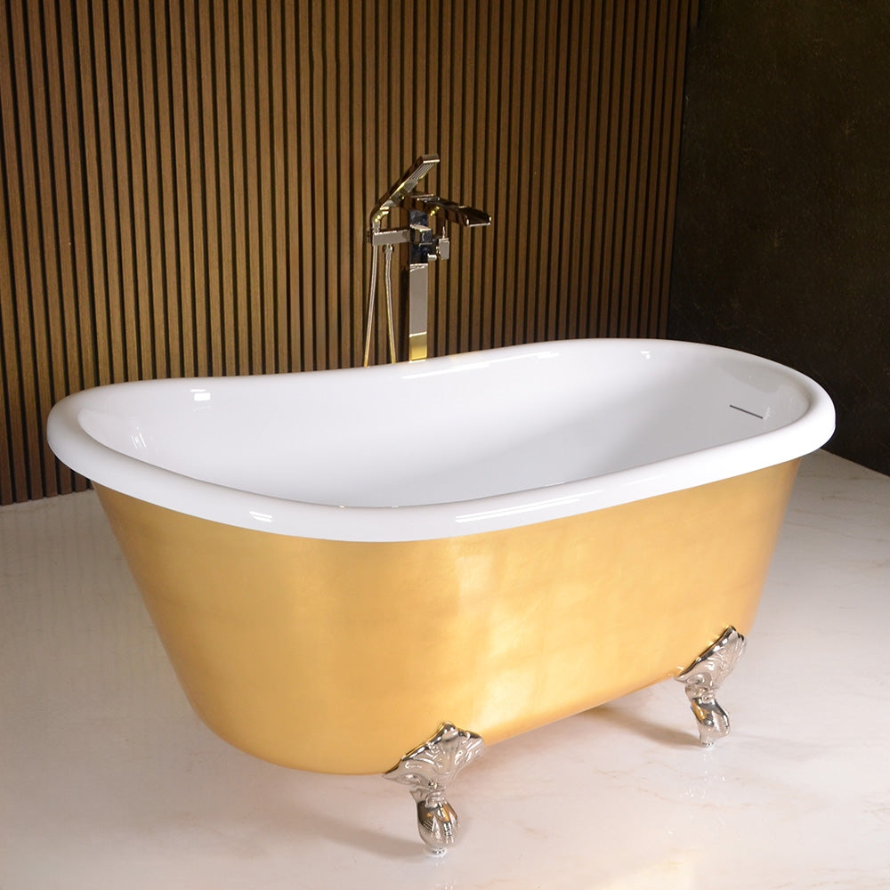 “LuxWide Calypso Athena-UGLCL54” 54 Inch White CoreAcryl Acrylic Swedish Slipper Clawfoot Tub “Umber Washed Gold Leaf” Exterior