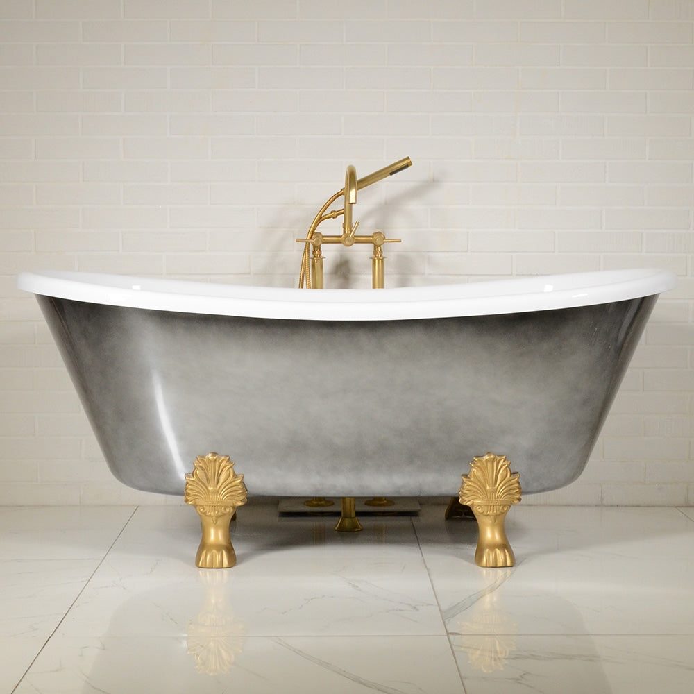 “LuxWide Calypso-BTClawACH59” 59 Inch White CoreAcryl Acrylic French Bateau Clawfoot Tub “Aged Chrome” Exterior