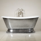 “LuxWide Calypso-ACHPD59” 59 Inch White CoreAcryl Acrylic French Bateau Pedestal Tub with “Aged Chrome” Exterior Finish