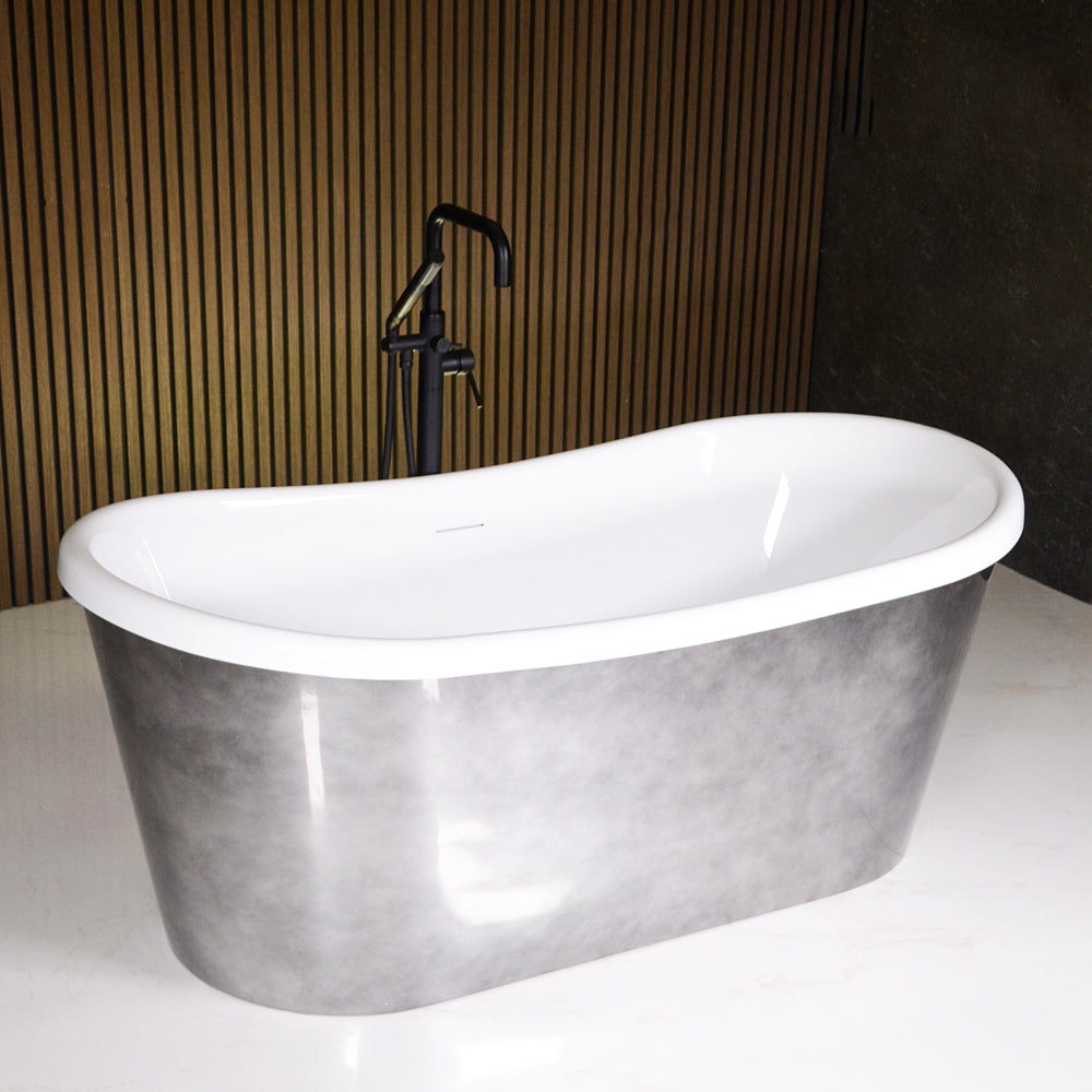 “LuxWide Calypso-ACHBTSK59” 59" x 31.5"  French Bateau Bathtub with “Aged  Chrome” Exterior Finish