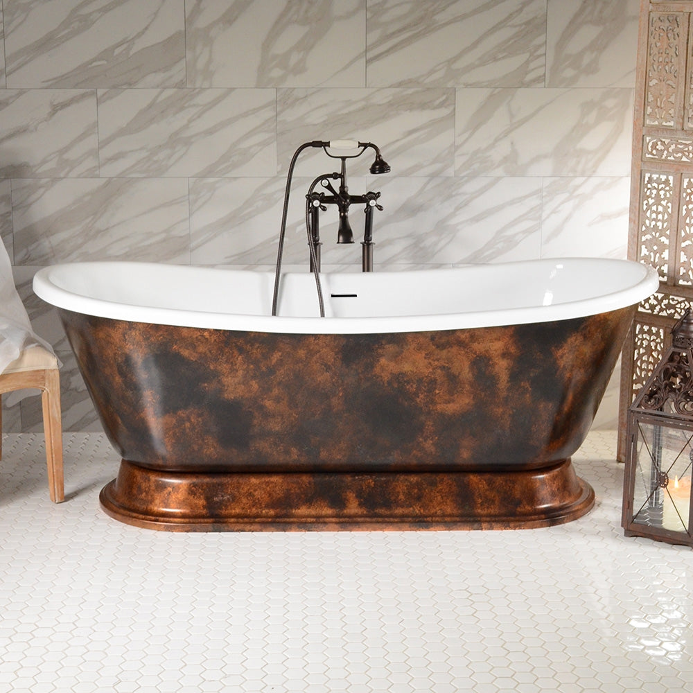 “LuxWide Calypso-DACBTPD73” 73 Inch White CoreAcryl Acrylic French Bateau Pedestal Tub with “Dark Aged Copper Leaf” Exterior Finish