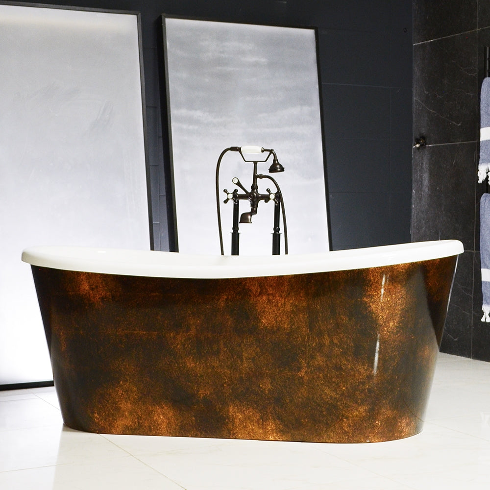 “LuxWide Calypso-ACBTSK67” 67" x 31.5"  French Bateau Bathtub with “Aged Copper Leaf” Exterior Finish