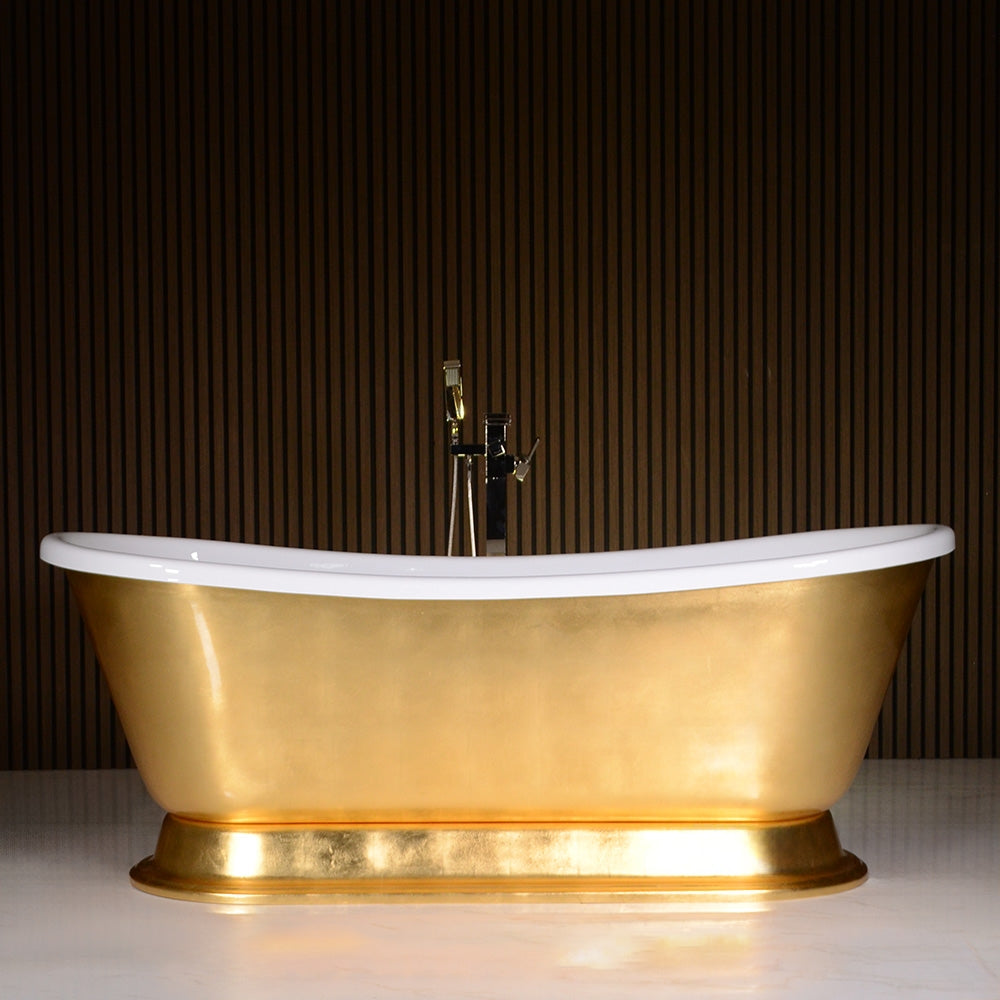“LuxWide Calypso-UGLBTPD73” 73 Inch White CoreAcryl Acrylic French Bateau Pedestal Tub with “Umber Washed Gold Leaf” Exterior Finish