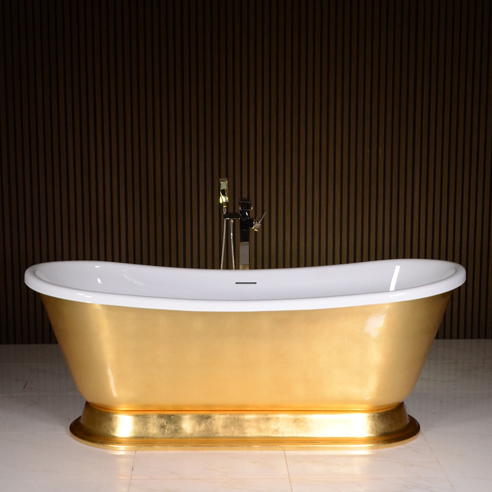 “LuxWide Calypso-UGLBTPD73” 73 Inch White CoreAcryl Acrylic French Bateau Pedestal Tub with “Umber Washed Gold Leaf” Exterior Finish