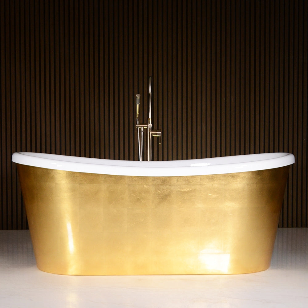 “LuxWide Calypso-UGLBTSK67” 67"  French Bateau Skirted Bathtub with “Umber Washed Gold Leaf” Exterior Finish