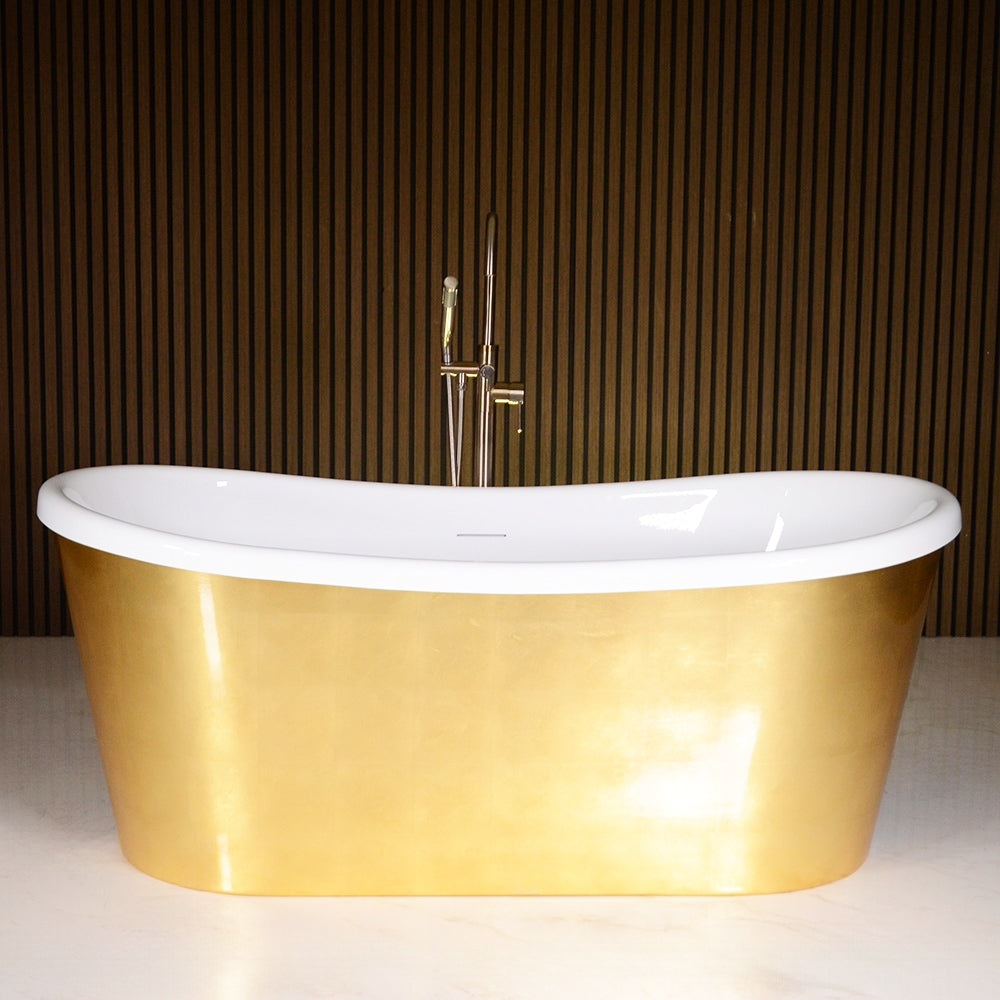 “LuxWide Calypso-UGLBTSK73” 73"  French Bateau Skirted Bathtub with “Umber Washed Gold Leaf” Exterior Finish
