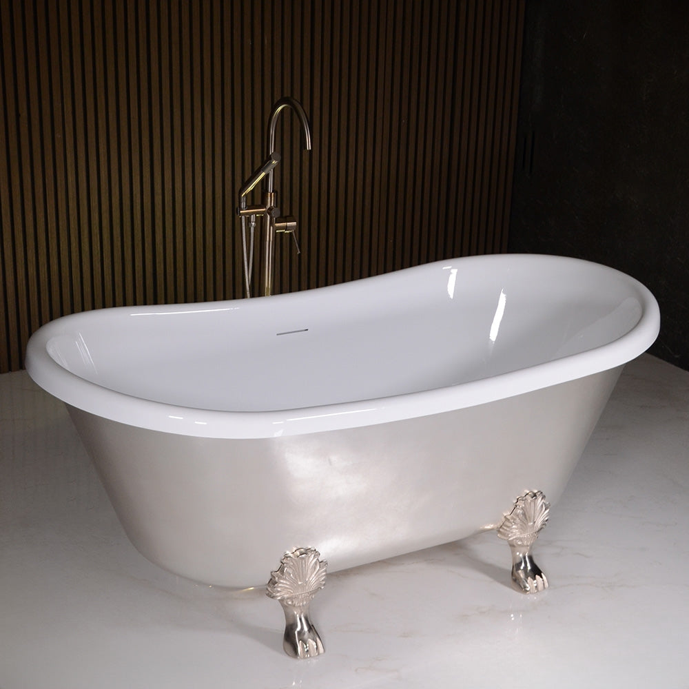 “LuxWide Calypso-BTClawUSL67” 67 Inch White CoreAcryl Acrylic French Bateau Clawfoot Tub “Umber Wash Silver Leaf” Exterior