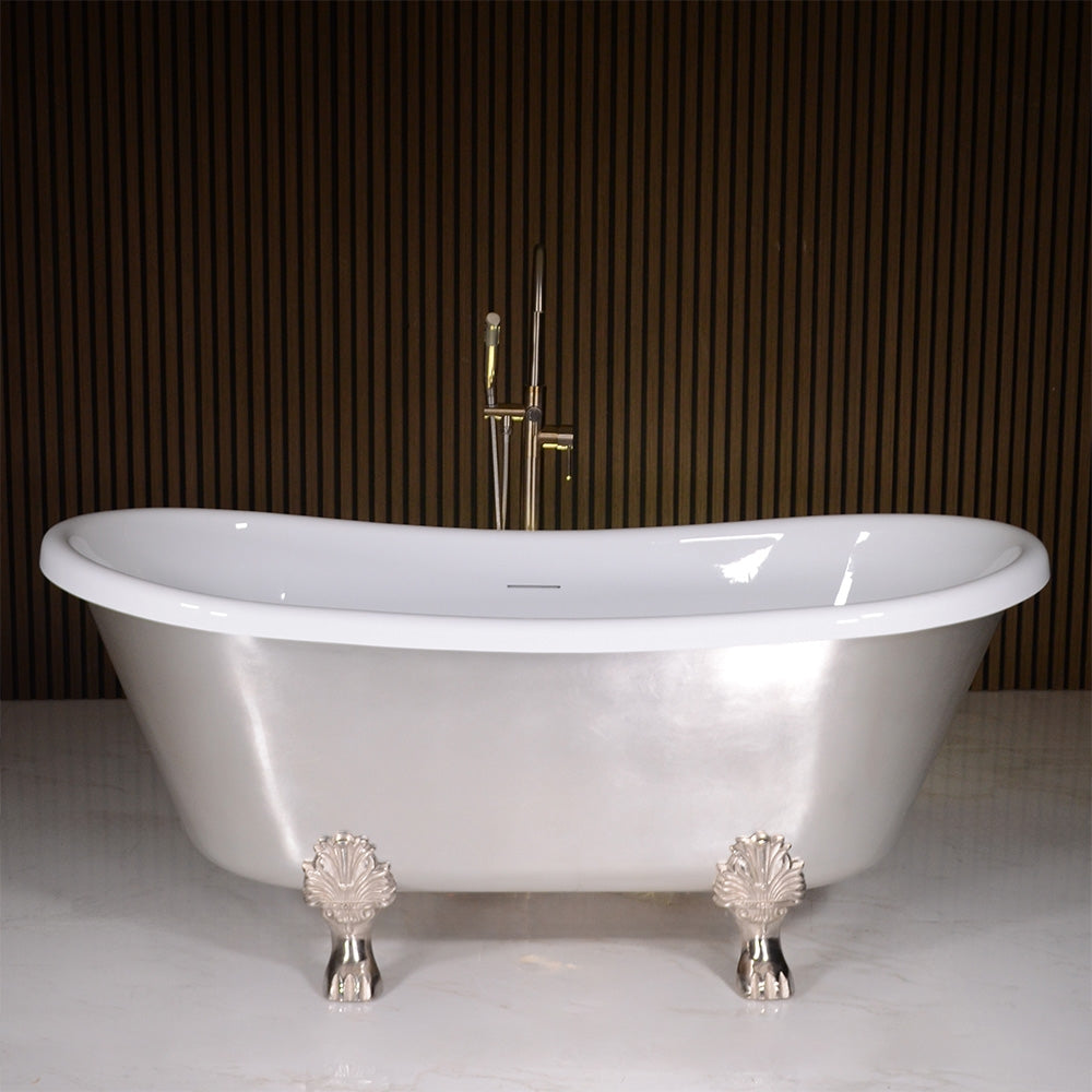 “LuxWide Calypso-BTClawUSL73” 73 Inch White CoreAcryl Acrylic French Bateau Clawfoot Tub “Umber Wash Silver Leaf” Exterior