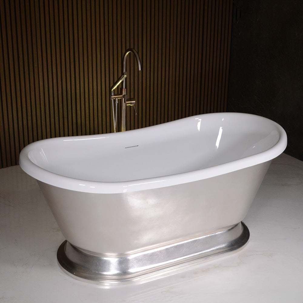 “LuxWide Calypso-USLBTPD73” 73 Inch White CoreAcryl Acrylic French Bateau Pedestal Tub with “Umber Washed Silver Leaf” Exterior Finish