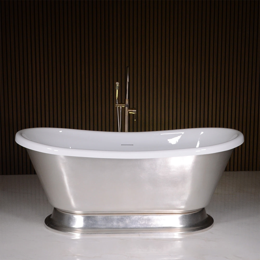 “LuxWide Calypso-USLBTPD73” 73 Inch White CoreAcryl Acrylic French Bateau Pedestal Tub with “Umber Washed Silver Leaf” Exterior Finish