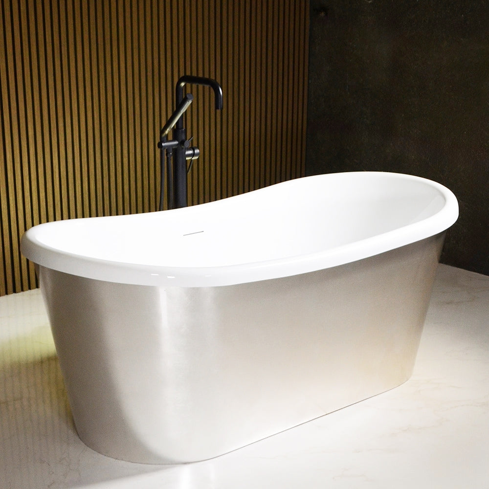 “LuxWide Calypso-USLBTSK59” 59" x 31.5" French Bateau Skirted Bathtub with “Umber Washed Silver Leaf” Exterior Finish