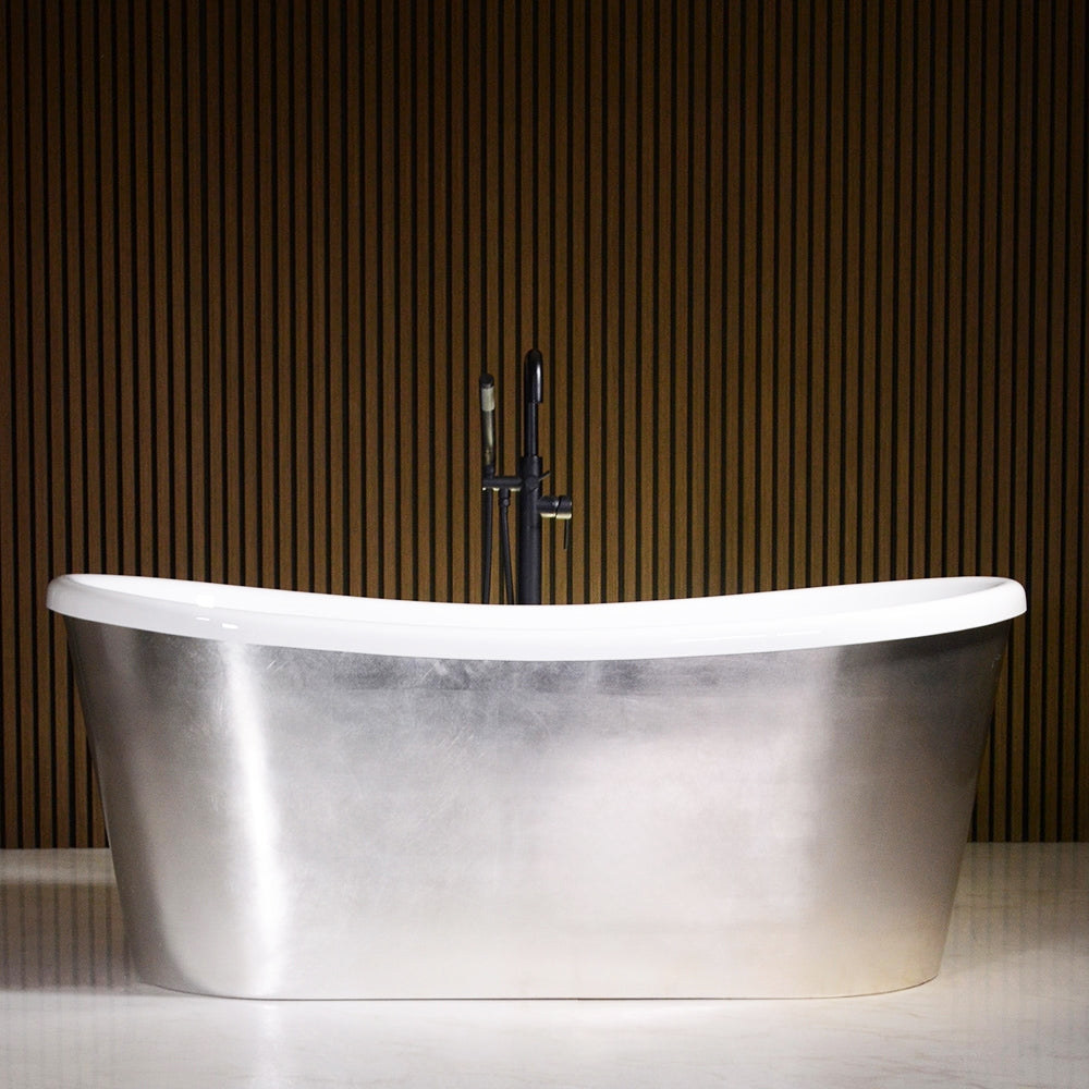 “LuxWide Calypso-USLBTSK67” 67" x 31.5" French Bateau Skirted Bathtub with “Umber Washed Silver Leaf” Exterior Finish