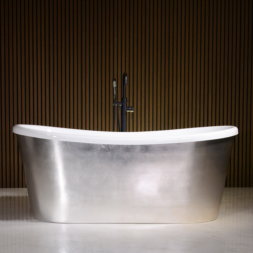 “LuxWide Calypso-USLBTSK73” 73" x 31.5" French Bateau Skirted Bathtub with “Umber Washed Silver Leaf” Exterior Finish